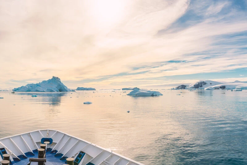 Antarctica cruise from Argentina with a view over the bow of the expedition ship