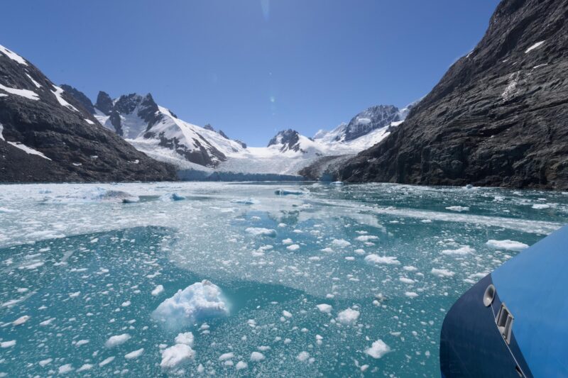 A cruise ship bow in the Drygalski fjord on a South Georgia Island cruise