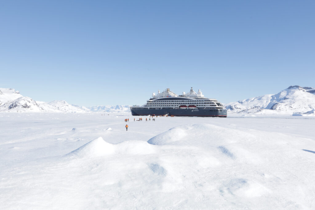 expedition cruise ships Le Commandant Charcot in the sea ice in Greenland north pole holiday