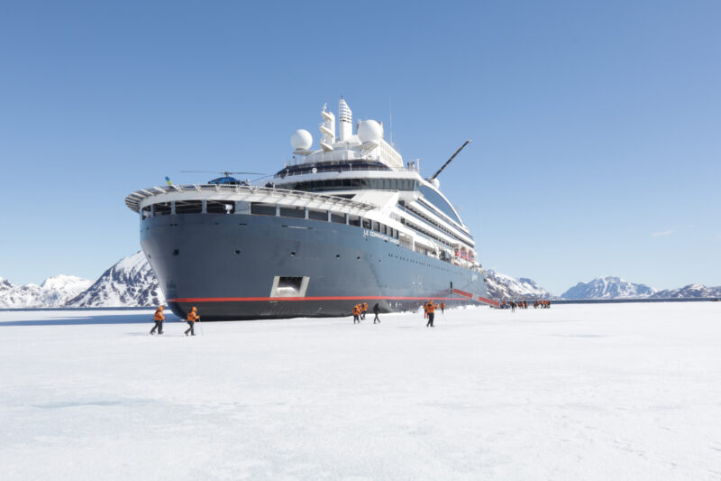 Le Commandant Charcot icebreaking ship locked in the sea ice in East Greenland