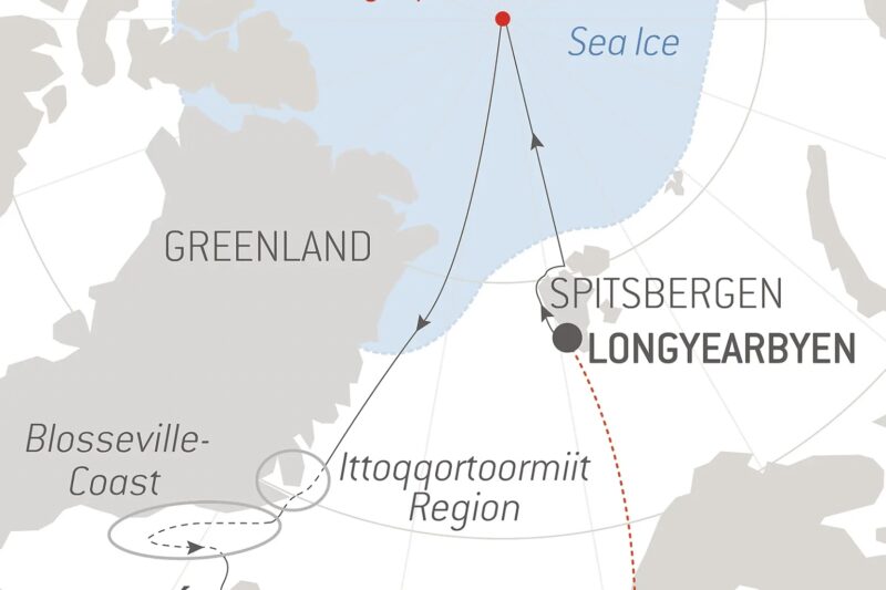 North Pole and East coast of Greenland cruise map