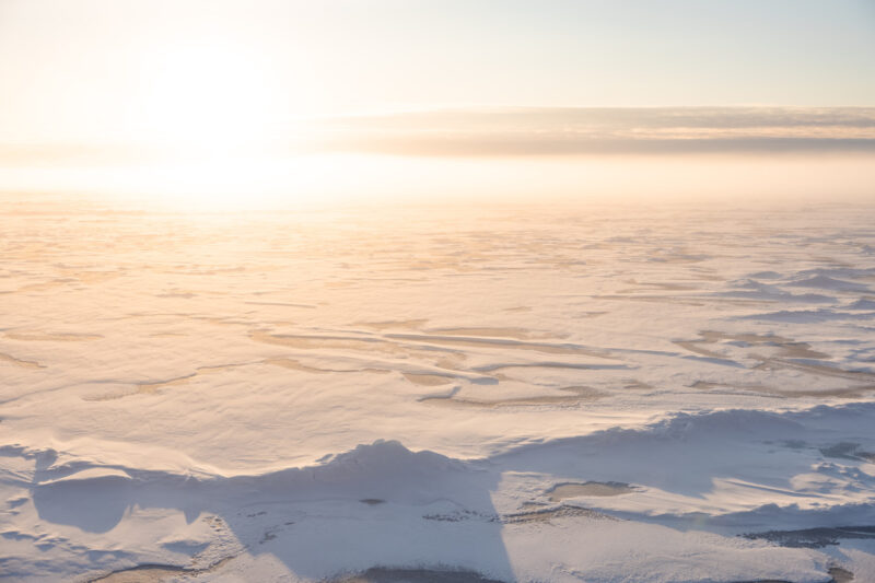 sea ice close to the North Pole with sunlight