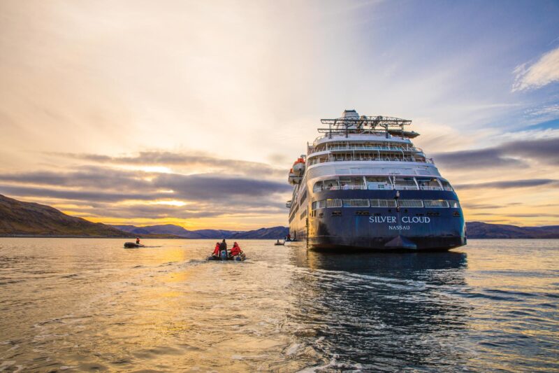 Small ship luxury expedition cruise in the Northwest Passage sunset. Silver Cloud