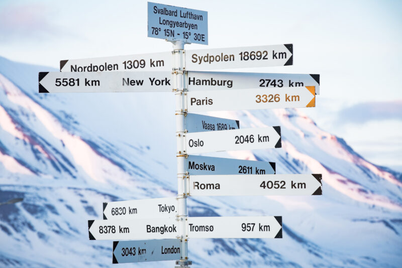 Svalbard sign showing distances to Svalbard